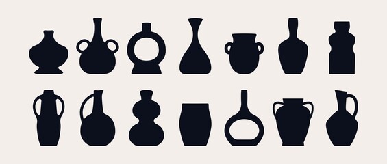 Antique pottery set. Ancient black ceramic vase amphora jar silhouette shapes, hand drawn isolated icons. Trendy vector illustration