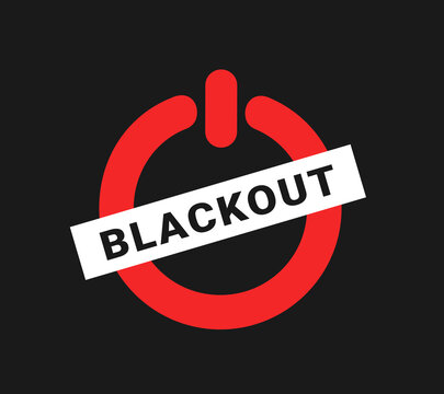 Blackout - electrical power outage. Electricity and failure of eletric energetics. Symbol, sign, icon, pictogram and text. Vector illustration isolated on black.