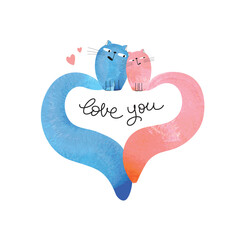 Two cats in love. Vector hand-drawn illustration for prints and cards about love, romance, wedding, Valentine's Day with Lettering Love You