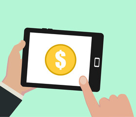 Hand touching tablet with dollar sign on the screen. Using tablet flat design concept. vector illustration