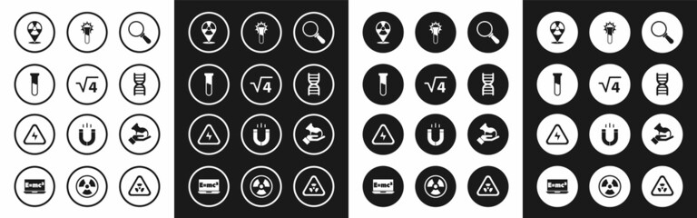 Set Magnifying glass, Square root of 4 glyph, Test tube and flask, Radioactive location, DNA symbol, and High voltage icon. Vector