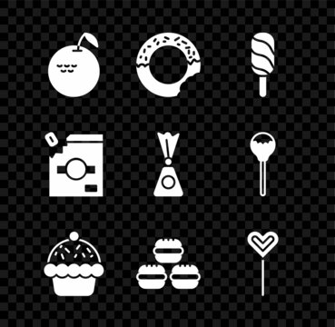 Set Apple, Donut, Ice cream, Cupcake, Macaron cookie, Lollipop, Candy packaging for sweets and icon. Vector