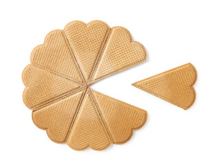 Garnishing heart shaped wafers are in a wheel form isolated on a white background. Thin waffle biscuits for dessert ice cream decoration. Baked sweet pastry for Valentine day, food design concepts.