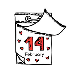 Tear-off calendar with the date 14 February. hand drawn sketch in line style.