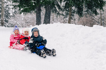 Fototapeta na wymiar Little caucasian kids laughing looking at camera and toboganning on snow covered hill. Full lengh horizontal shot. Selective focus on one boy. Happy childhood and active wintertime concept.