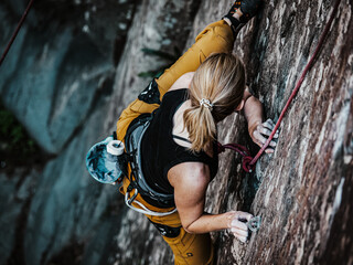 Rock Climbing: Blond Girl on Top Rope in Tenerife, Canary Islands