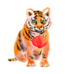 Tiger pet with traditional chinese lantern. Watercolor animal for chinese new year 2022