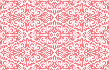 Floral pattern. Vintage wallpaper in the Baroque style. Seamless vector background. White and pink ornament for fabric, wallpaper, packaging. Ornate Damask flower ornament