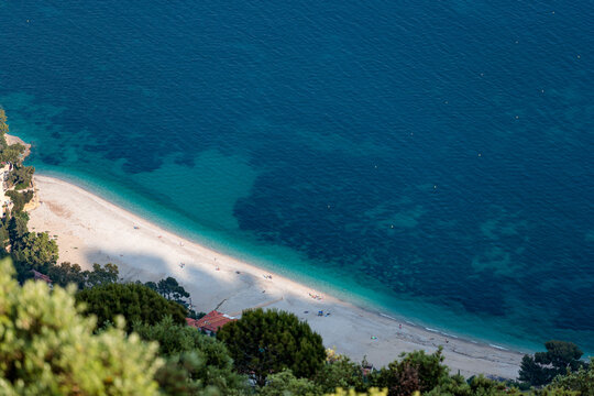 aerial view of the coast of the sea in roquebrune cap martin near Monaco with beautiful blue and turquoise water