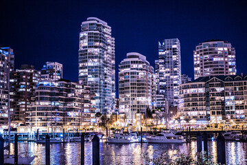 Fototapeta na wymiar Night View of Downtown Vancouver from Granville Island, Canada