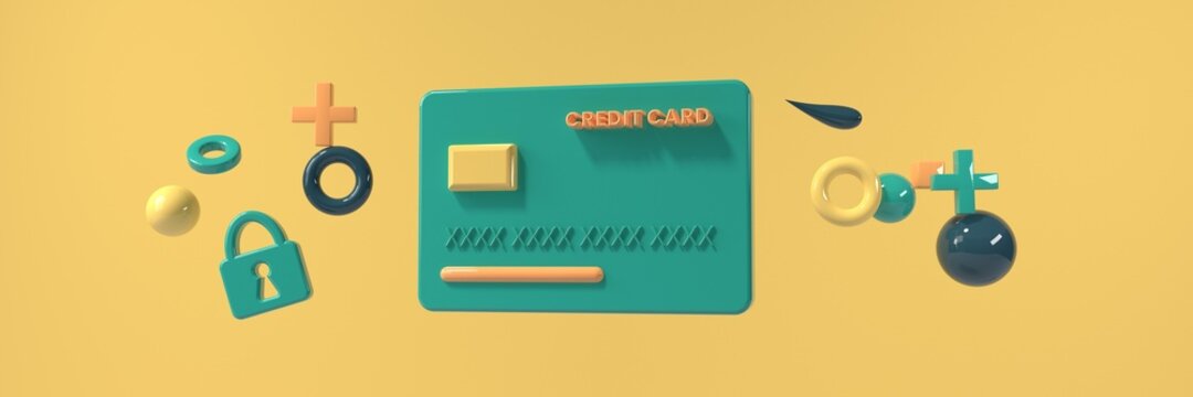 Credit card with flying geometric shapes - 3D render