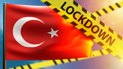 Lockdown in Turkey. Coronavirus quarantine. Covid-19 restrictions for citizens of Republic of Turkey. Lockdown tape in front of Turkish flag. Fighting spread of SARS-CoV-2. Covid mutation. 3d image.
