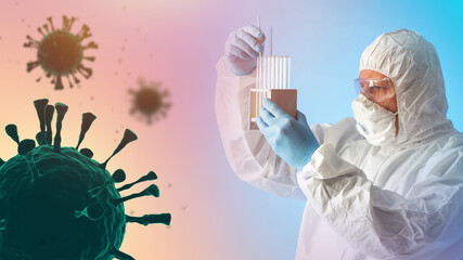 Research Coronavirus covid-19 option. Medic in chemical protection suit. Delta or omicron virus...