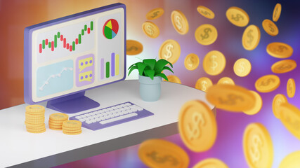 Financial monitoring. Business Accounting Automation Concept. Automation of company's financial accounting. Accounting software. Graphics on monitor. Falling money in front of computer. 3d image.
