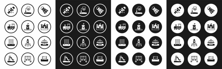 Set Badminton shuttlecock, Sand tower, Toy train, Hopscotch, castle, Basketball backboard, Attraction carousel and Swedish wall icon. Vector