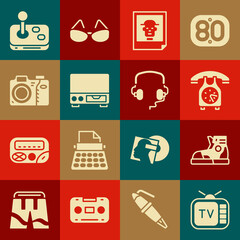 Set Retro tv, Sport sneakers, Telephone handset, Photo, Old video cassette player, camera, Joystick and Headphones icon. Vector