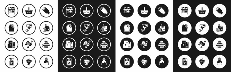 Set Salami sausage, Security camera, Shopping bag and food, Warehouse interior with boxes, Cigarettes pack, basket, Wooden for fruits and Cash register machine icon. Vector