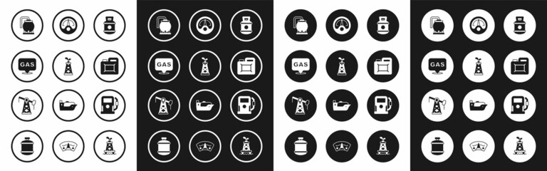 Set Propane gas tank, Oil rig, Location and station, storage, Canister for motor oil, Motor gauge, Petrol and pump pump jack icon. Vector