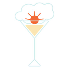 Contour drawing with colored accents of a filled cocktail glass featuring the sun and clouds on a white background.