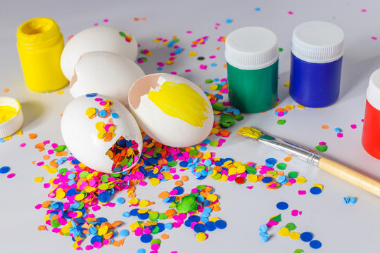 White eggshells being painted and filled with confetti for carnaval celebrated in latinamerica specially in Guatemala.