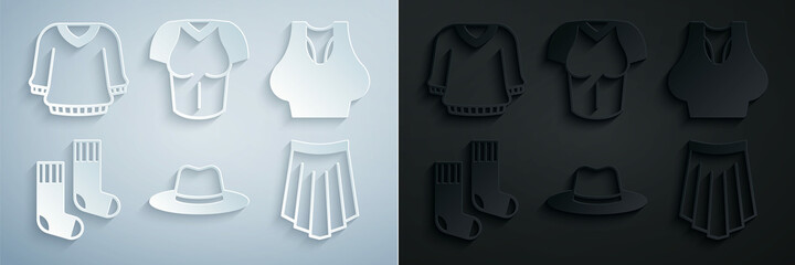 Set Man hat, Undershirt, Socks, Skirt, T-shirt and Sweater icon. Vector