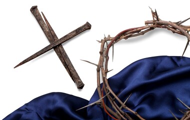 Three Nails In Shape Of  blue Robe, Crown Of Thorns And Blood Drops