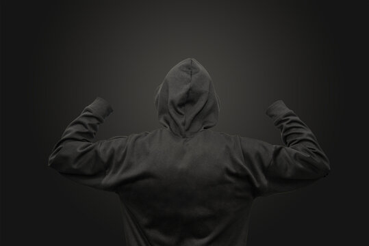 Hoodie black color with hands up template mock up on black background