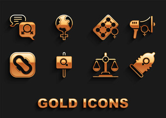 Set Feminist activist, Condom, Gender equality, Sanitary napkin, Packaging of birth control pills, and Feminism the world icon. Vector