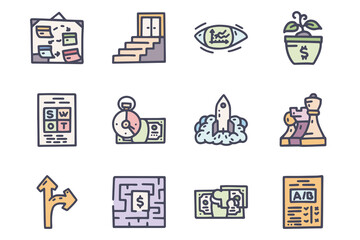 Business strategy color vector doodle simple icon set