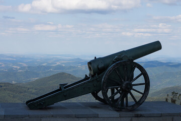 Cannon at Shipka and background view of Balkan Mountains, Bulgaria