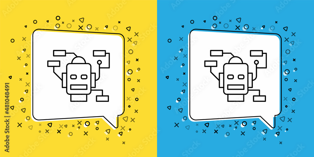 Poster set line robot icon isolated on yellow and blue background. artificial intelligence, machine learnin