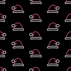 santa hat seamless pattern, bright vector illustration on black background.