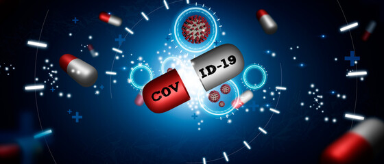 Medicine in the form of a capsule to combat the Covid-19 virus. Coronavirus pill. Capsule antiviral drug pill for anti Coronavirus