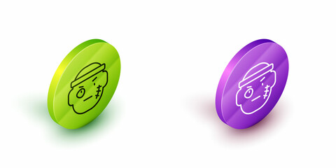 Isometric line Bandit icon isolated on white background. Green and purple circle buttons. Vector