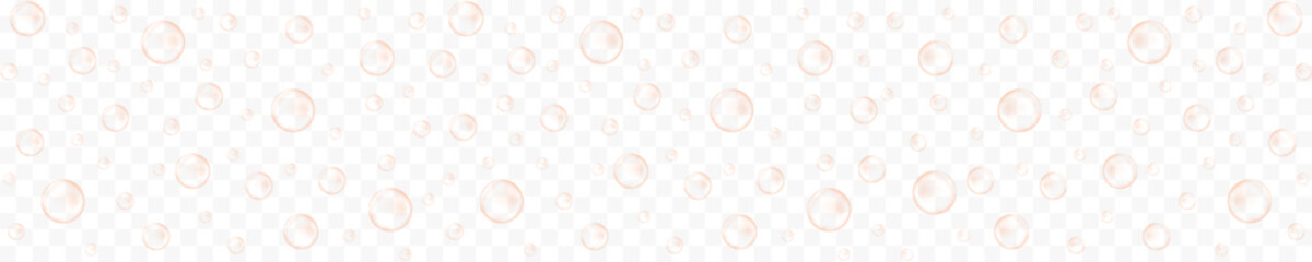 Golden air bubbles of champagne, prosecco, seltzer, soda, sparkling wine. Carbonated drink, fizz water texture on transparent background. Vector realistic illustration. © vikusha_art