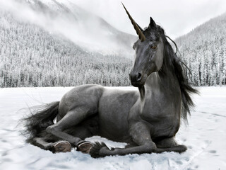 A majestic legendary Black Unicorn rests in the open winter landscape. 3d rendering 