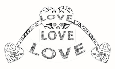 Love coloring page vector illustration for Valentine`s Day with flowers, stars and hearts for couples in love, parents and kids.