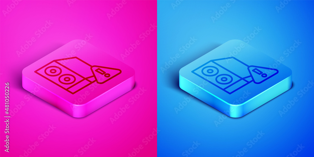 Poster isometric line case of computer with exclamation mark icon isolated on pink and blue background. com