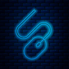 Glowing neon line Computer mouse icon isolated on brick wall background. Optical with wheel symbol. Vector