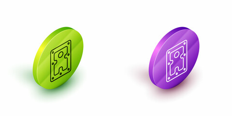 Isometric line Hard disk drive HDD icon isolated on white background. Green and purple circle buttons. Vector