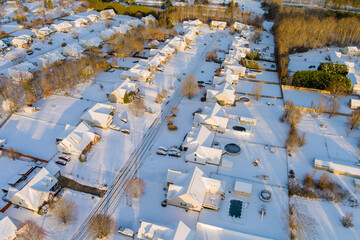 Winter scenery roof houses snowy of Boiling Springs small town during a winter day after snowfall the aerial view in South Carolina