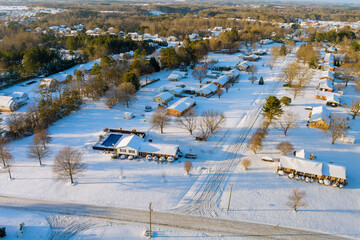 Aerial view landscape of Boiling Springs small town covered with wonderful winter scenery with snow in South Carolina US
