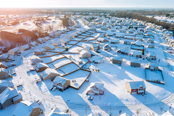 Fototapeta na wymiar Amazing aerial view with Boiling Springs small town hometown the a after snowfall severe winter weather conditions in South Carolina