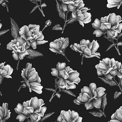 Seamless floral pattern with black cherry flower. Pencil drawn flowers leaves background for case, cover, fabric, interior decor.