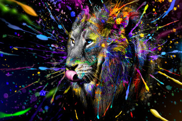 Full colors Lion , wildlife animal ink , modern abstract art