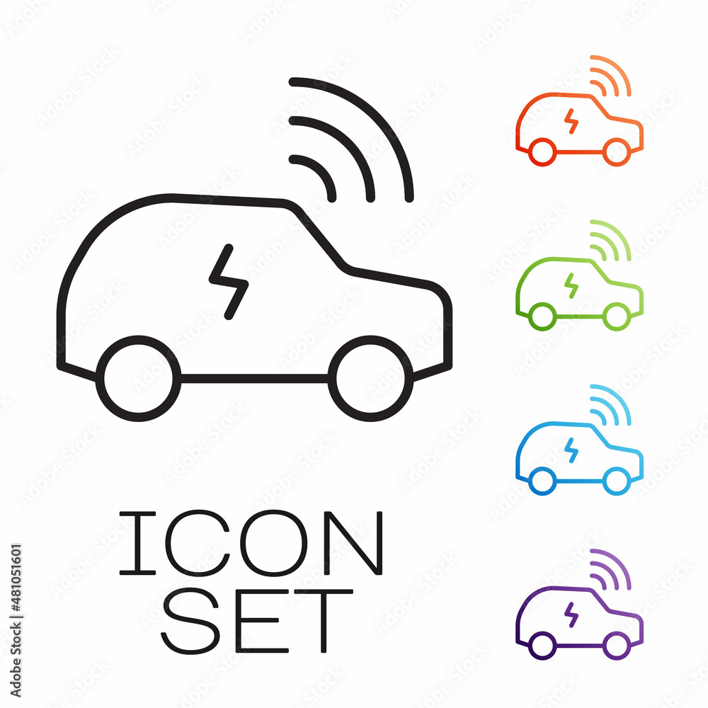 Poster black line smart car system with wireless connection icon isolated on white background. remote car c