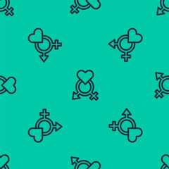 Blue line Gender icon isolated seamless pattern on green background. Symbols of men and women. Sex symbol. Vector