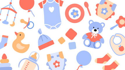 Baby store discount card design template. Color flat creative identity layout. Clothing toys stroller nursery accessories. Visit business card cover, contact mobile phone, website vector illustration.