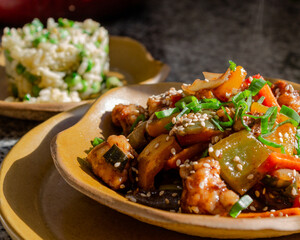 meat and vegetable chop suey with rice