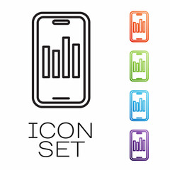 Black line Mobile phone with graph chart icon isolated on white background. Report text file. Accounting sign. Audit, analysis, planning. Set icons colorful. Vector